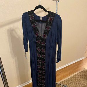 Free People Navy Floral Embroidered Maxi Dress.